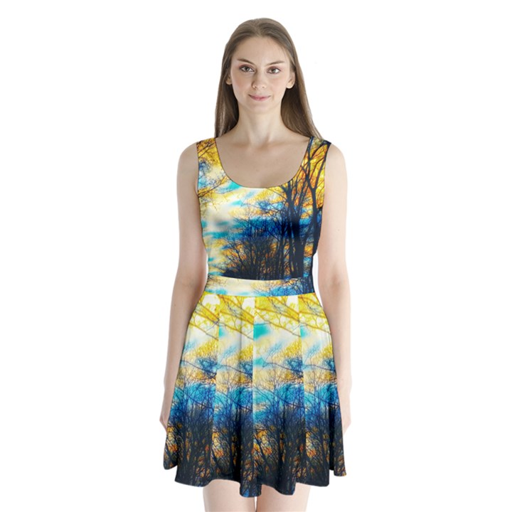 Yellow and Blue Forest Split Back Mini Dress 