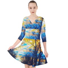 Yellow And Blue Forest Quarter Sleeve Front Wrap Dress by okhismakingart