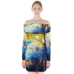 Yellow And Blue Forest Long Sleeve Off Shoulder Dress by okhismakingart