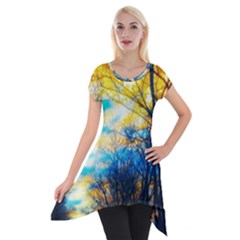 Yellow And Blue Forest Short Sleeve Side Drop Tunic by okhismakingart