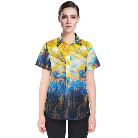 Yellow And Blue Forest Women s Short Sleeve Shirt by okhismakingart