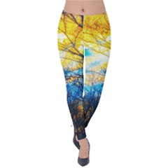 Yellow And Blue Forest Velvet Leggings by okhismakingart