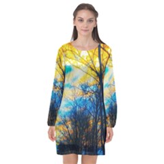 Yellow And Blue Forest Long Sleeve Chiffon Shift Dress  by okhismakingart