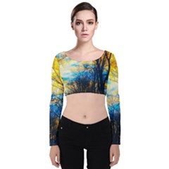 Yellow And Blue Forest Velvet Long Sleeve Crop Top by okhismakingart