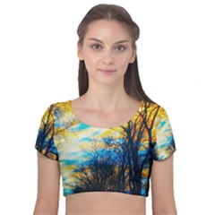 Yellow And Blue Forest Velvet Short Sleeve Crop Top  by okhismakingart