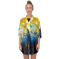 Yellow And Blue Forest Half Sleeve Chiffon Kimono by okhismakingart