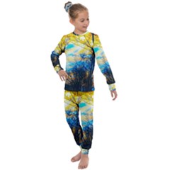 Yellow And Blue Forest Kids  Long Sleeve Set  by okhismakingart