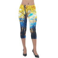 Yellow And Blue Forest Lightweight Velour Capri Leggings  by okhismakingart