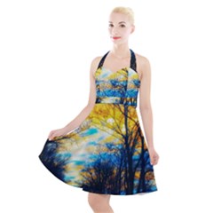 Yellow And Blue Forest Halter Party Swing Dress  by okhismakingart