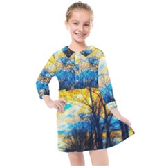 Yellow And Blue Forest Kids  Quarter Sleeve Shirt Dress by okhismakingart