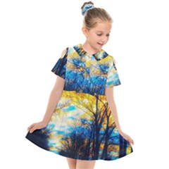 Yellow And Blue Forest Kids  Short Sleeve Shirt Dress by okhismakingart