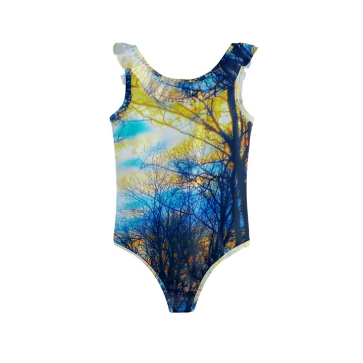 Yellow and Blue Forest Kids  Frill Swimsuit