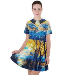 Yellow And Blue Forest Short Sleeve Shoulder Cut Out Dress  by okhismakingart