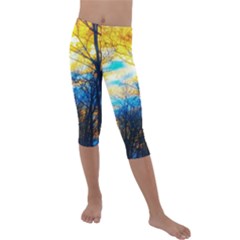 Yellow And Blue Forest Kids  Lightweight Velour Capri Leggings 