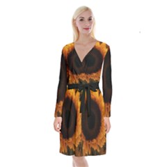 Single Sunflower Long Sleeve Velvet Front Wrap Dress by okhismakingart