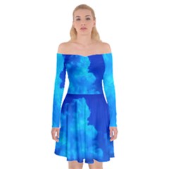 Deep Blue Clouds Off Shoulder Skater Dress by okhismakingart