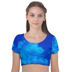 Deep Blue Clouds Velvet Short Sleeve Crop Top  by okhismakingart