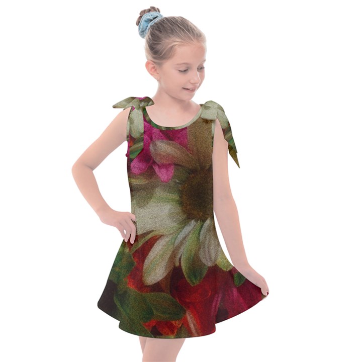 Grainy Green Flowers Kids  Tie Up Tunic Dress