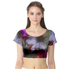 Grainy Green Flower (with Blue Tint) Short Sleeve Crop Top by okhismakingart