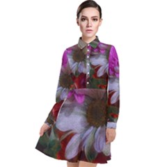 Grainy Green Flower (with Blue Tint) Long Sleeve Chiffon Shirt Dress