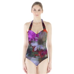 Grainy Green Flower (with Blue Tint) Halter Swimsuit by okhismakingart