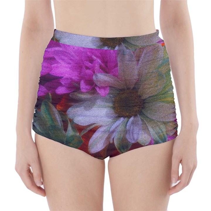 Grainy Green Flower (with Blue Tint) High-Waisted Bikini Bottoms