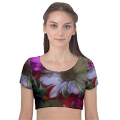 Grainy Green Flower (with Blue Tint) Velvet Short Sleeve Crop Top  by okhismakingart