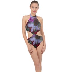 Grainy Green Flower (with Blue Tint) Halter Side Cut Swimsuit