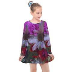 Grainy Green Flower (with Blue Tint) Kids  Long Sleeve Dress