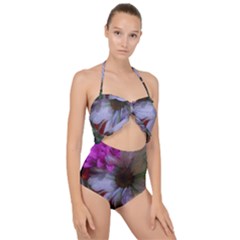 Grainy Green Flower (with Blue Tint) Scallop Top Cut Out Swimsuit