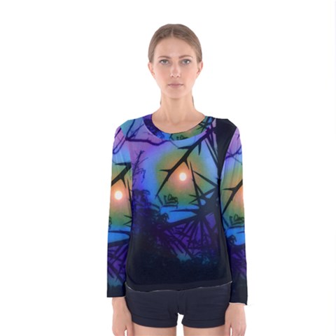 Rainbow Moon And Locust Tree Women s Long Sleeve Tee by okhismakingart