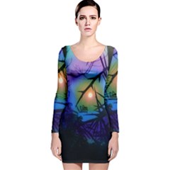 Rainbow Moon And Locust Tree Long Sleeve Velvet Bodycon Dress