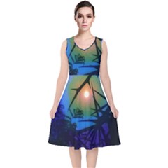 Rainbow Moon And Locust Tree V-neck Midi Sleeveless Dress  by okhismakingart