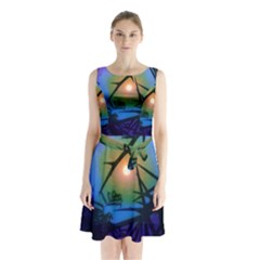 Rainbow Moon And Locust Tree Sleeveless Waist Tie Chiffon Dress by okhismakingart