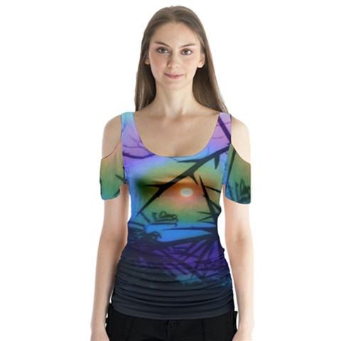 Rainbow Moon And Locust Tree Butterfly Sleeve Cutout Tee  by okhismakingart