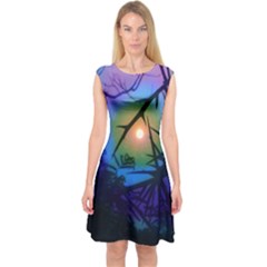 Rainbow Moon And Locust Tree Capsleeve Midi Dress by okhismakingart