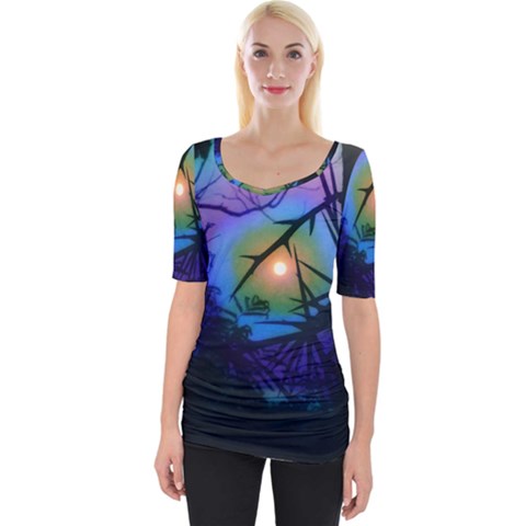 Rainbow Moon And Locust Tree Wide Neckline Tee by okhismakingart