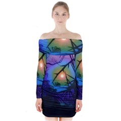 Rainbow Moon And Locust Tree Long Sleeve Off Shoulder Dress by okhismakingart