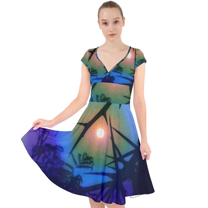 Rainbow Moon and Locust Tree Cap Sleeve Front Wrap Midi Dress