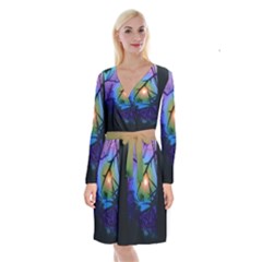 Rainbow Moon And Locust Tree Long Sleeve Velvet Front Wrap Dress by okhismakingart