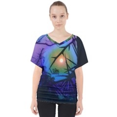 Rainbow Moon And Locust Tree V-neck Dolman Drape Top by okhismakingart