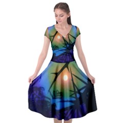 Rainbow Moon And Locust Tree Cap Sleeve Wrap Front Dress by okhismakingart