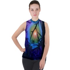 Rainbow Moon And Locust Tree Mock Neck Chiffon Sleeveless Top