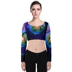 Rainbow Moon And Locust Tree Velvet Long Sleeve Crop Top by okhismakingart