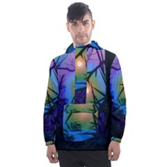 Rainbow Moon And Locust Tree Men s Front Pocket Pullover Windbreaker by okhismakingart