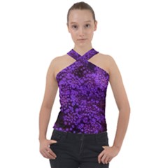 Purple Queen Anne s Lace Landscape Cross Neck Velour Top