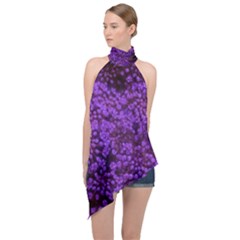 Purple Queen Anne s Lace Landscape Halter Asymmetric Satin Top