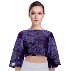 Blue Queen Anne s Lace Landscape Tie Back Butterfly Sleeve Chiffon Top