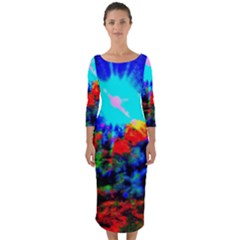 Psychedelic Spaceship Quarter Sleeve Midi Bodycon Dress by okhismakingart