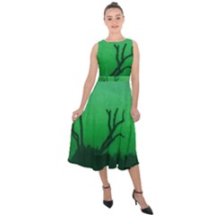 Creepy Green Scene Midi Tie-back Chiffon Dress